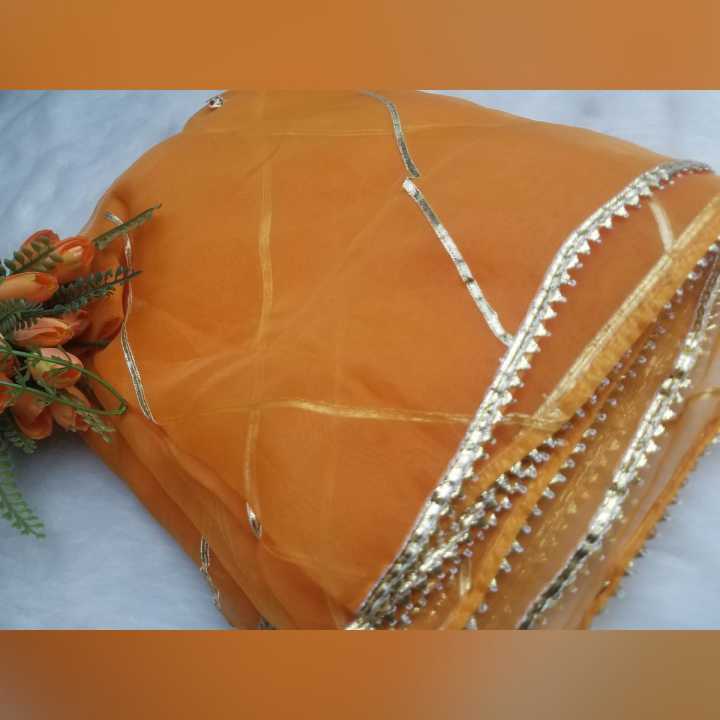 Dupatta Design Lace Net Dupatta Net Fabric - Orange - Dyeable With Golden Lining And Border -  Net Dupatta for Girls / Ladies & Women - Chunri-Stole - Scarf