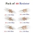 Pack of 60 Resistor - 100 Ohm,220 Ohm,330 Ohm,10k Ohm,56k Ohm,1M Ohm - 1/4W. 