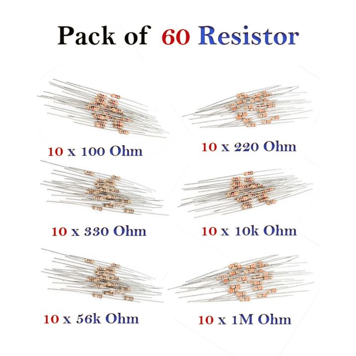 Pack of 60 Resistor - 100 Ohm,220 Ohm,330 Ohm,10k Ohm,56k Ohm,1M Ohm - 1/4W