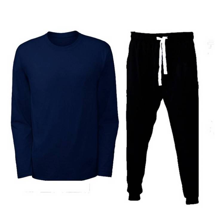 Plain Navy Blue T shirt With Matching Trouser Full Sleeves Round Neck Cotton T Shirts Sports Wear For Men