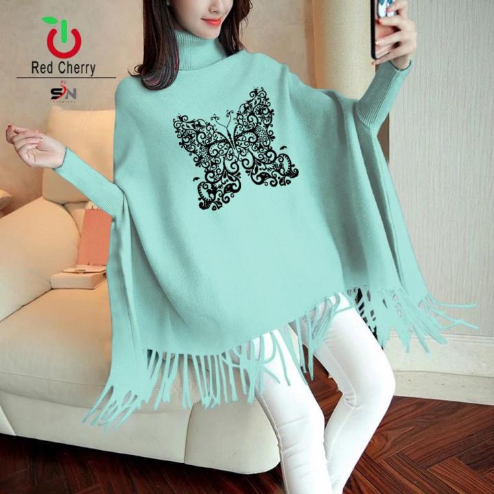 New Butterfly Printed Poncho Sweater Poncho Style Top Shirt For Girls