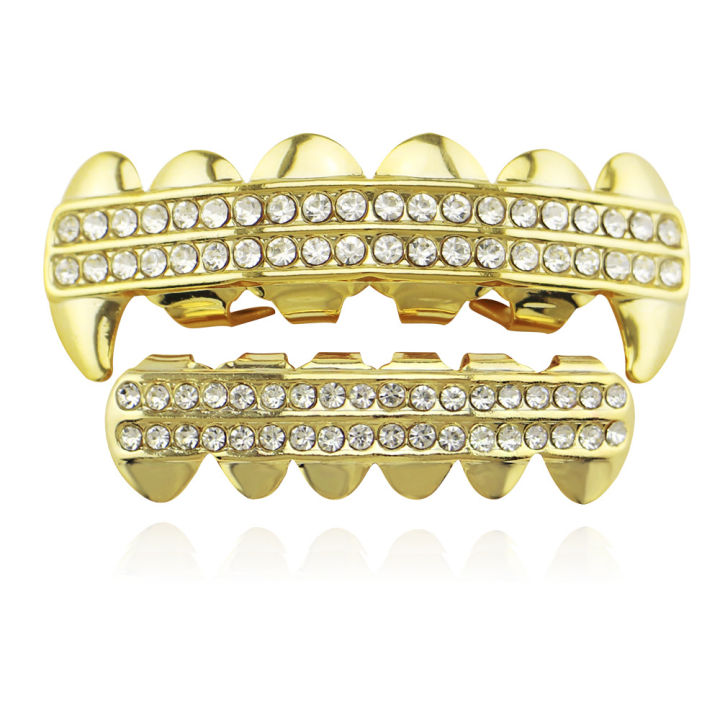 18K diamond-encrusted gold-plated hip-hop braces vampire fangs tiger teeth metal Halloween dentures for men and women with the same Grill