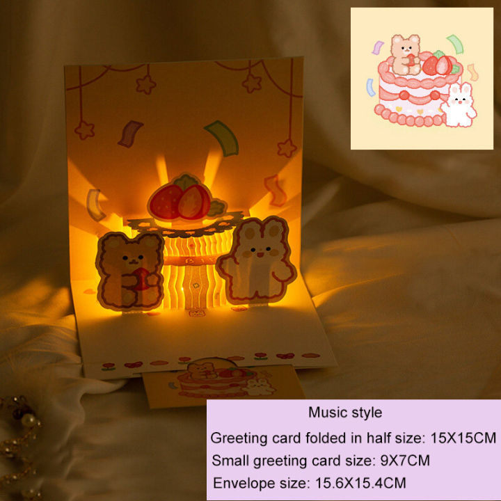 【BestGO】3D Pop Up Birthday Cards Light Music Happy Birthday Greeting Cards Postcards Envelopes Birthday Gift