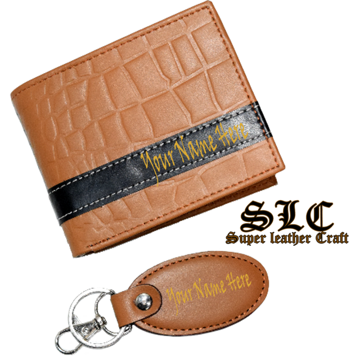 Leather Wallet and keychain Gift Set with customized name engraving ( Cow Leather ) * Super Leather Craft *