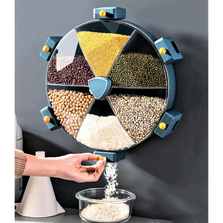 6 compartment Food Grains Storage Grids Box Wall-mounted Rotate Storage