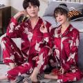 Pack of 2 Couple Night Suit Set, Men and Women Silk Night Dress / Printed Trouser Shirt Soft Material Nighty Set for Both Women and Men - Silky Satin Pajama Sets Button Down Sleepwear Loungewear.(It come in different colors and design, so we may send any). 