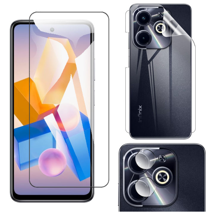 Infinix Hot 40i Glass Protector Polish Screen Tempered + Back Clear Jelly Protector Soft Film Protection Hydrogel Film Back Protector + Back Rear Camera Protector 9H Gorilla Flexible Protection For Hot 40i