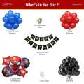 Spiderman Theme Birthday Decoration Items Kit for Boys includes Black, Red and Blue Balloons with Spider man Foil Balloon set and Black Happy Birthday Banner- Set of 53 Items. 