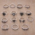 15Pcs/Set Alloy Silver Black Stone Party Anillo/Crown Elephant Wedding Anniversary Rings For Girls / Variety Ladies. 