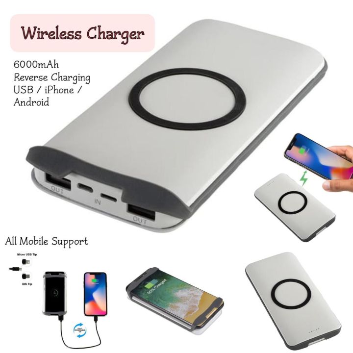 2in1 Wireless Phone Powerbank Charger with Reverse Charging Support Fast Power Bank  6000mAh Rechargeable(Wireless and Wire Both Options)