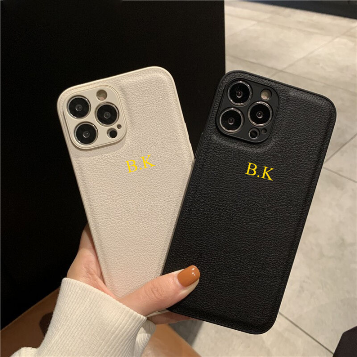 Korea Personalise Name Letters Leather PU Soft Phone Case For iPhone 15 14 13 12 11 Pro X XS Max XR 7 8 Plus Plain Cover