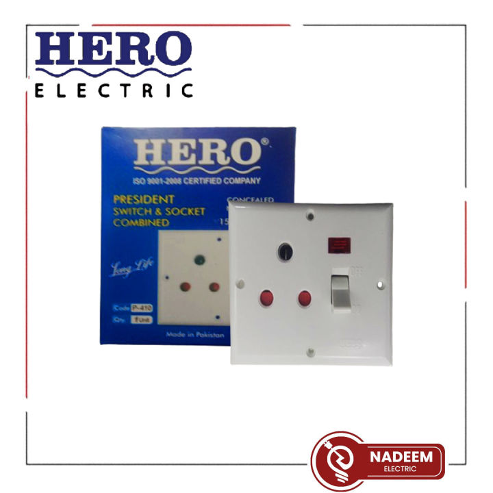 HERO ELECTRIC President Switch &Socket Combined 15 AMP 250V Concealed, Neon Bulb P-410