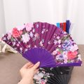 Portable Summer Cooling Gadget Flowers Printed Satin Hand Fan / Traditional Handcraft Folding Fans Delicate Chinese Art Souvenir Gifts. 