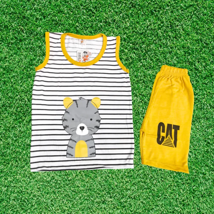 Stylish%20Sando%20Shirts%20and%20Shorts%20For%20Kids%20Baby%20Boys%20Round%20Neck%20O%20Neck%20Yellow/Pink%202Pc%20Kids%20Graphics%20Out%20Fit%20%20Short%20Sleeve%20CAT%20print%20cotton%20jersey%20bodysuit%20-%20Image%202