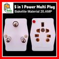 5 in 1 Multi Power 3 Pin Plug Socket, Power Multi Socket Plug Bakelite Material 20 Amp High Quality. 