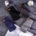 Winter Fingerless Gloves for Men Half Finger Elastic Mittens Knitting Wool Warm Leather Label Thick Elastic Driving Gloves. 