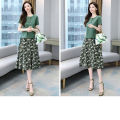 2pcs Women Suit Short Sleeves Round Neck T Shirt Floral Printing Midi Skirt Casual Fashion Two Piece Suit. 