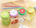 Multicolor  Heat Resistant Fruity Glass Mason Jar Mugs Fruit Juice Cups with Lid and Straw For Milk,  Milkshakes Juices  480 ml. 