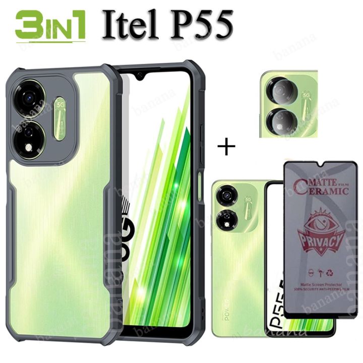 For Itel P55 Shockproof Phone Case Itel Power 55 A70 3 in 1 Casing TPU Soft Back Cover and Anti Spy Soft Ceramic Matte Privacy Tempered