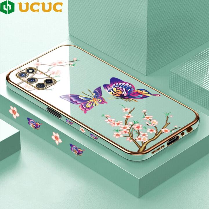 UCUC for OPPO A52 / OPPO A92 Back Cover + Free Lanyard Butterflies Fly Luxury 6D Plating Case Side Pattern Soft Silicone Square Mobile Phone Cases
