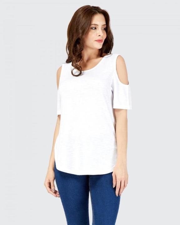 The-Ajmery White Cold Shoulder T-Shirt For Women