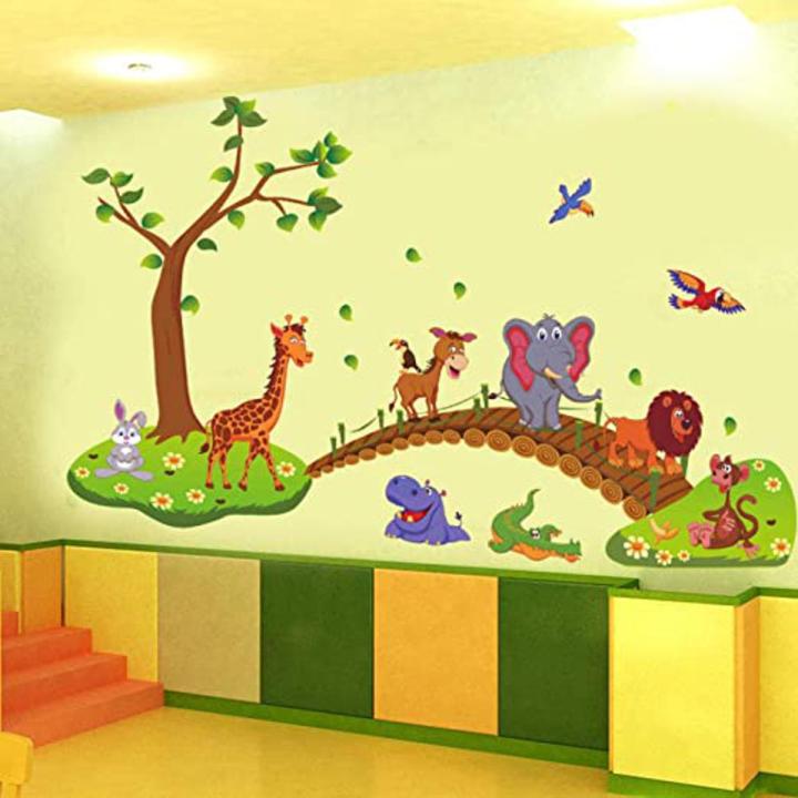 Wall Sticker For Kids Room Jangle Animal Wall Decals For Kid School PVC Cartoon Animals Wall Paper Removeable Wall  Decor