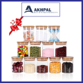 AKHPAL Glass Jars Set,Upgrade Spice Jars with Wood Airtight Lids and Labels, 450ml, 12 Piece Small Food Storage Containers for Home Kitchen, Tea, Herbs, Sugar, Salt, Coffee, Flour, Herbs, Grains…. 