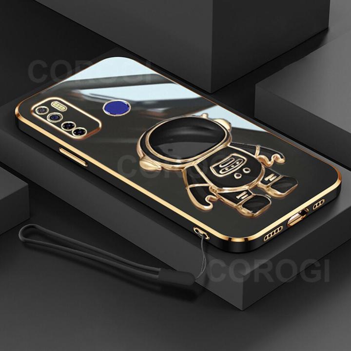 Maitus for Tecno Spark 5 Pro/Tecno Spark 5/Tecno Camon 15 Back Cover with Astronaut Hidden Stand + Lanyard Luxury 6D Plating Frame Shiny Cases Soft Silicone Cartoon Bracket Mobile Phone Case