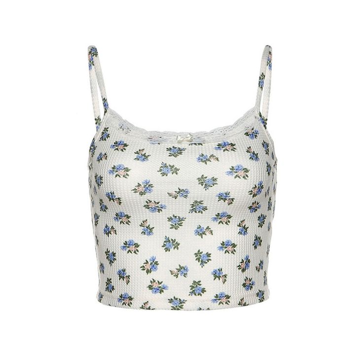 Women's  Crop Cami Top, Soft Breathable Sleeveless Lace Trim Floral Print Camisole