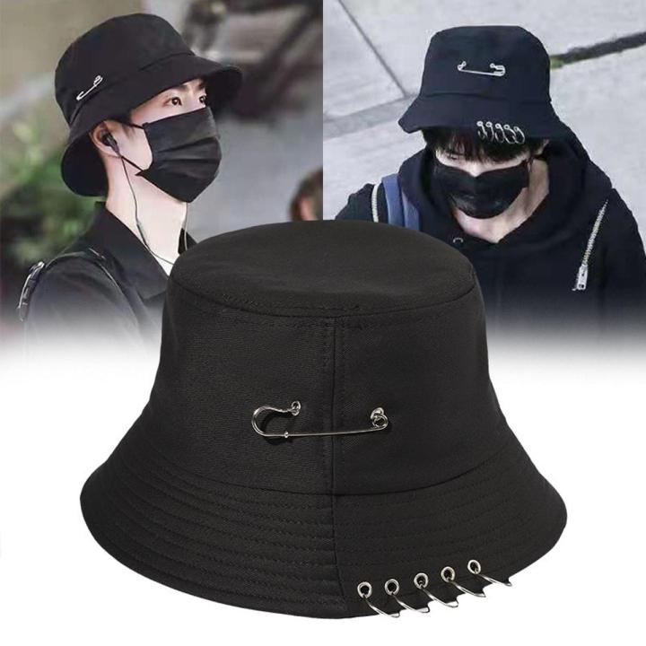 【HOT】 Fashion Brooch Hoop Women Bucket Hat Punk Hip Hop Black White Men Fisherman Cap Summer Casual Streetwear Panama Caps For Girls