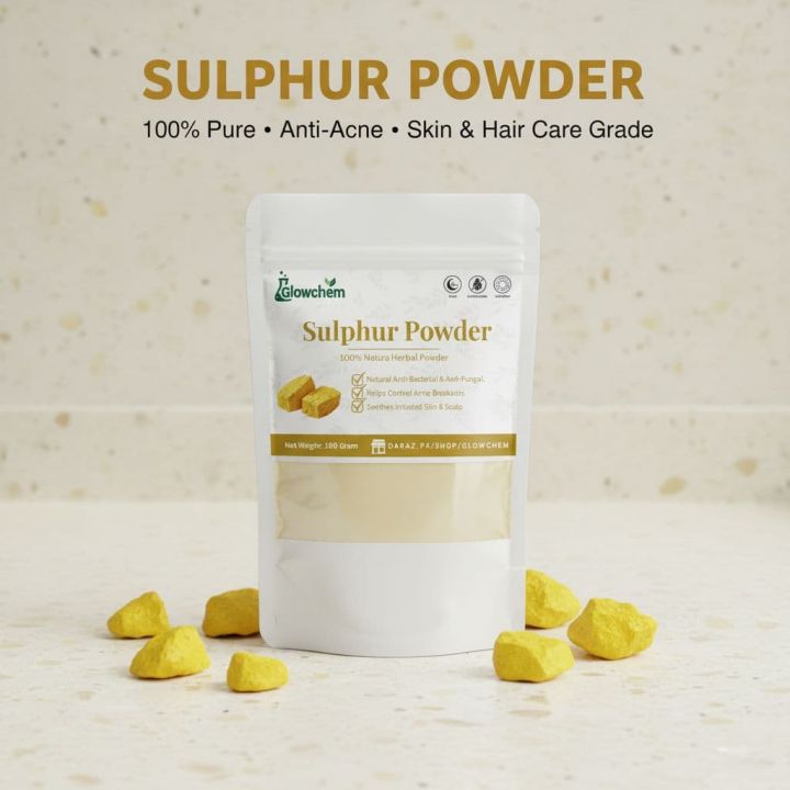 GlowChem Sulphur Powder Natural Anti-Acne & Anti-Fungal Treatment, Skin Oil Control, Pimple & Itching Relief, 100% Pure Sulphur for DIY Face Pack, Ointments, Hair & Scalp Care, Herbal Skincare, Organic Sulfur Powder for Clear Healthy Skin (100 g)