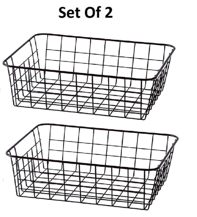 Set of 2 Wire Storage Basket Bins Organizer, Metal Wire Basket Freezer Storage Organizer Bins with Handles for Kitchen Cabinets, Pantry, Closets, Bedrooms, Bathrooms,Freezer,28.5x22x12cm