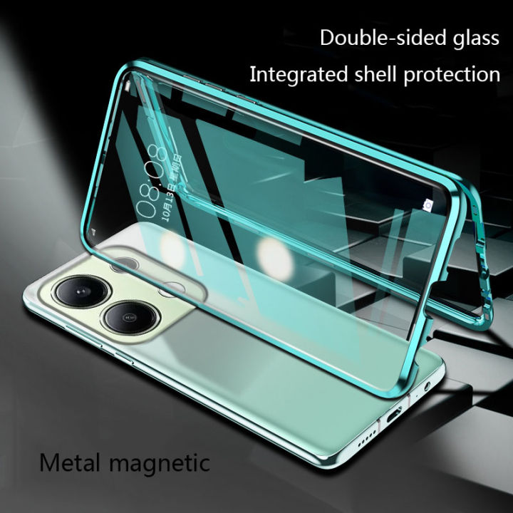Biruiqu For Redmi Note 13 4G  Magnetic Absorption Case Metal Frame Shockproof Double Sided Tempered Glass Magnetic Case Cover