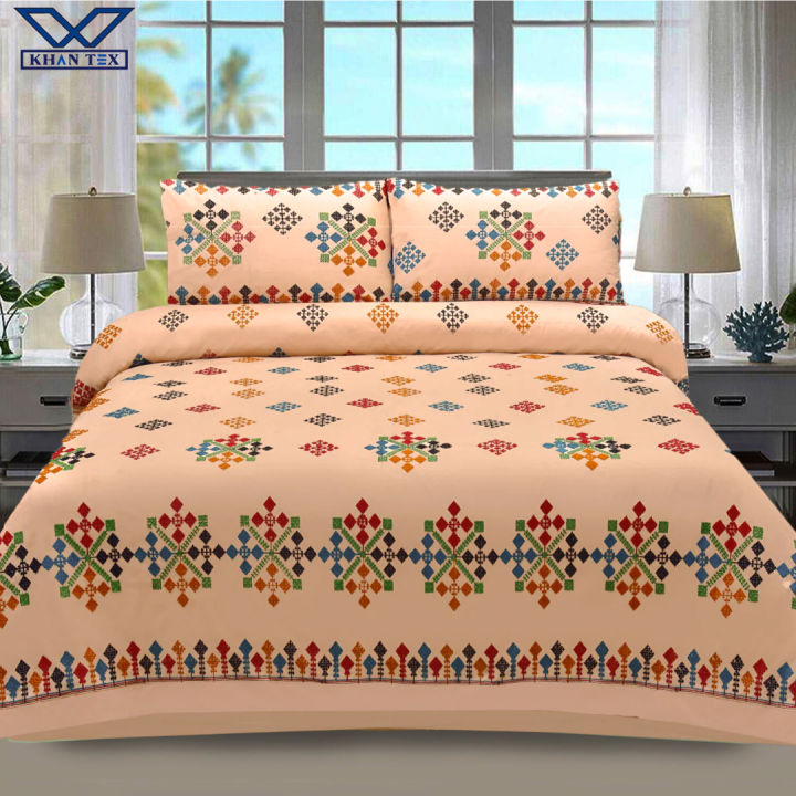 Khan Tex Cotton Embroidery Double Bedsheet Set With Two Pillow Covers – Premium Quality Elegant Embroidery Pattern Softest Cool Pure Cotton Bed Sheets
