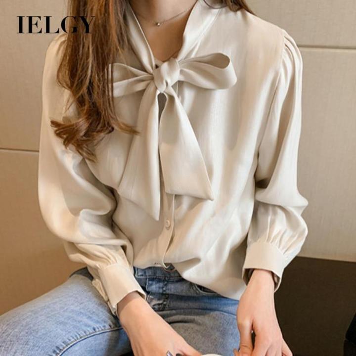 IELGY Women s clothes tops Apricot slim fashion long sleeves all match loose shirts bows casual