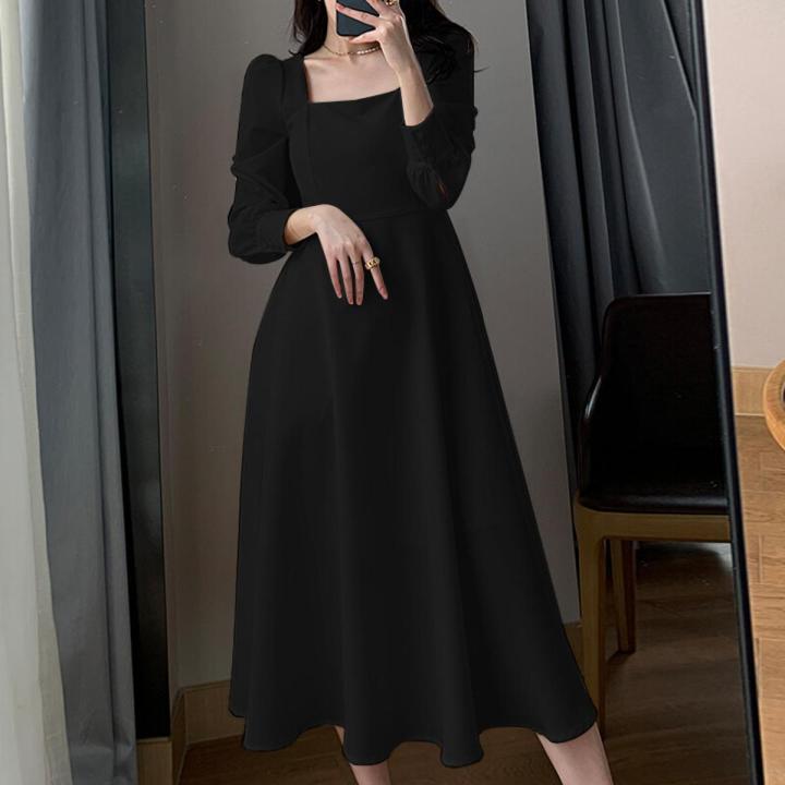 ZANZEA Korean Style Womens Long Sleeve Square Neck Casual A-Line Elegant  Plain Midi Dress | Daraz.pk