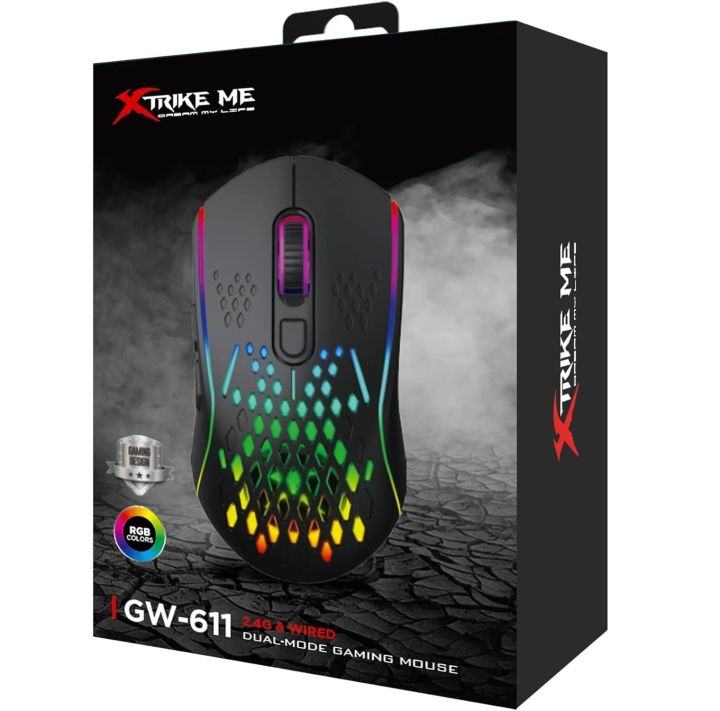 Xtrike Me GW-611 Wireless RGB Gaming Mouse 2.4G Wireless + Wired Dual Modes Mouse 8,000 DPI AND 7 Buttons, Ergonomic Design