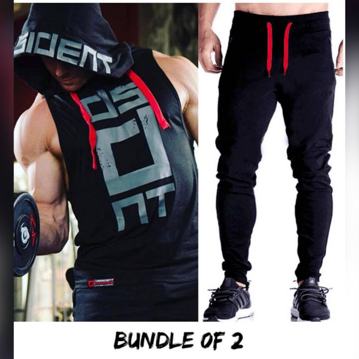 Black Vinyl Dumble Printed Gym Summer Hooded Sleeveless Tracksuit for Mens (Hooded Tshirt + Trouser )