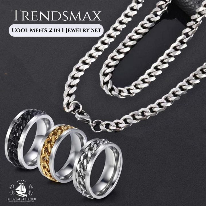 Men's Ring Necklace Jewelry Set Stainless Steel Cuban Link Chain Necklace Wedding Ring Male Jewelry Hip Hop color (Golden, Black, Silver), ring size 17,18,19,20,21