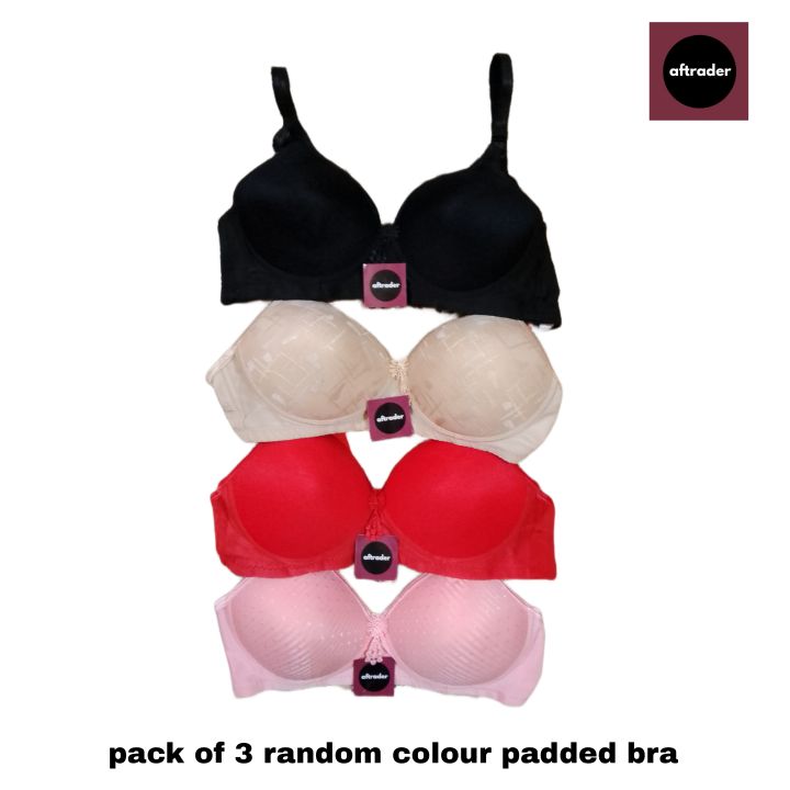Pack of 3 Soft Foam Padded Bras - Skin, Black, Pink Colors for Women & Girls