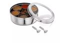 Stainless steel spice box in steel with 7 spice containers with see through lid and one spoon. 