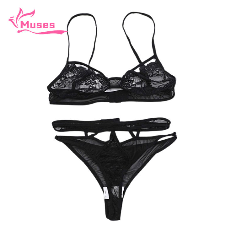 Muses Mall Lace Tied Up Black Bra Thong Set Push Up Wireless Underwear Panties for Daily Wear