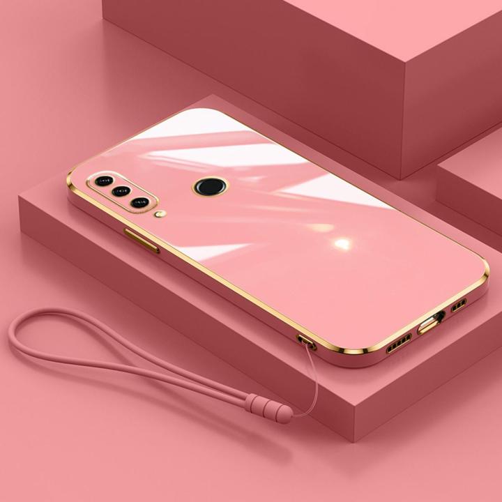 For Huawei P30 Lite Cover with Wrist Strap Fashion Shiny Plating Square Bumper Girls Phone Case Soft TPU Silicone Shockproof Protective Back Cover