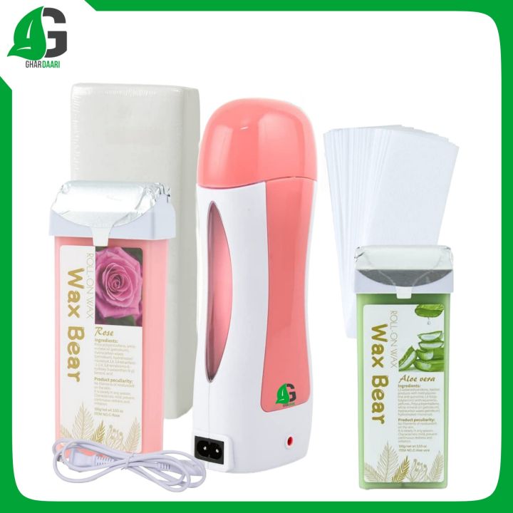 GHARDAARI 3 in 1 Depilatory Wax Roller Machine with Refill Cartridge and Waxing Strips | Waxing Kit for Body Hair Removal
