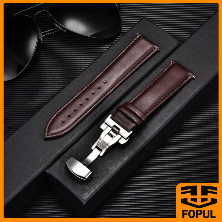 Smooth Calfskin Leather Watchband 20mm 22mm Straps For Samsung Galaxy Watch 3 41mm 45mm Active 40mm 44mm with Solid Automatic Butterfly Buckle Business Watch Band