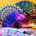 Large Folding Hand Rave Fan UV Fluorescent Gradient Colorful Reflective Foldable Fan Music Festival Dance Fans. 