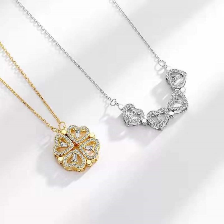 Foldable Magnetic Button Four Heart Leaf Clover Necklace