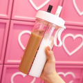 600ML Premium Double Drinking Cup Double Straw Portable Large Capacity Water Bottle Creative Couple Water Mug Dual Purpose Bottle Kettle. 