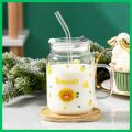 Glass tumbler Mug with lid and glass straw-Spill Proof with silicon protective Lid-Coffee, Milk glass Mugs-cute Juice glass mug. 