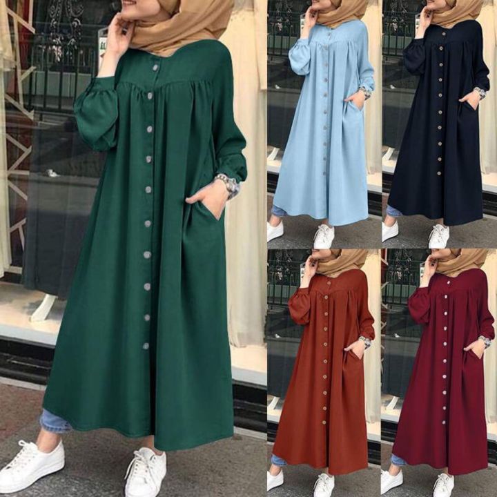 2025 autumn Muslim long sleeved plus size women's round neck pocket commuting casual robe shirt dress long